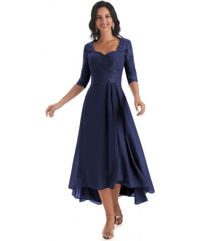 Chiffon Tea Length Mother of The Bride Dresses for Wedding Lace Applique Formal Dress with Sleeves Navy Blue $35.70 Dresses