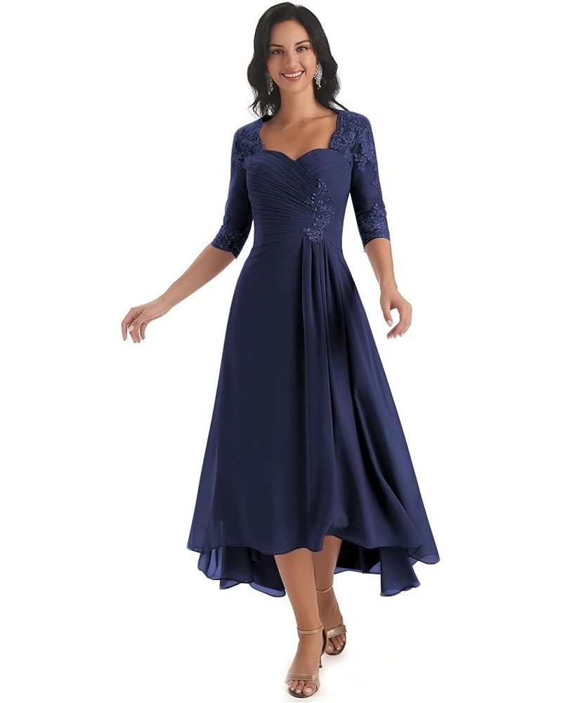 Chiffon Tea Length Mother of The Bride Dresses for Wedding Lace Applique Formal Dress with Sleeves Navy Blue $35.70 Dresses