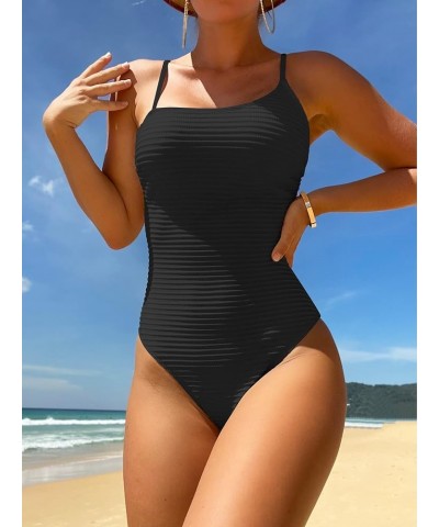 Women's Ribbed Knit High Cut One Piece Swimsuit Bathing Suit Black $13.44 Swimsuits