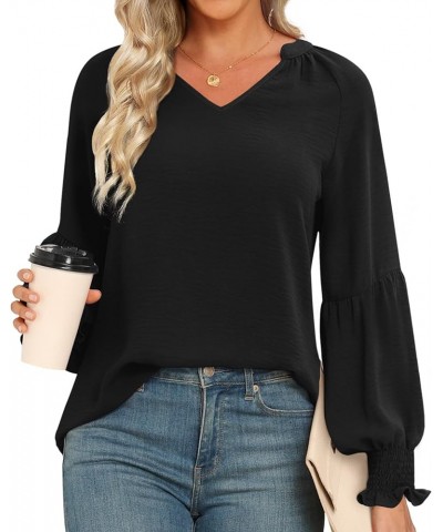 Women's Fall Winter Casual Tunic Tops Smocked Long Sleeve V Neck Blouses Fashion Loose Fit Shirts T-Shirts Black $13.19 Tops