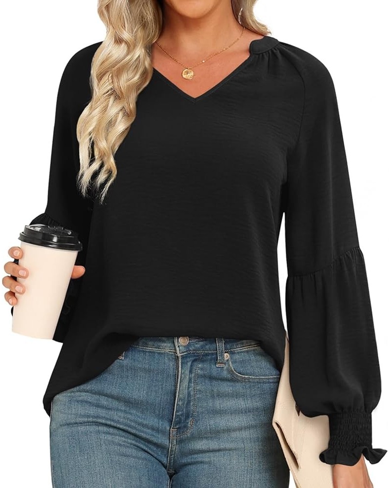 Women's Fall Winter Casual Tunic Tops Smocked Long Sleeve V Neck Blouses Fashion Loose Fit Shirts T-Shirts Black $13.19 Tops