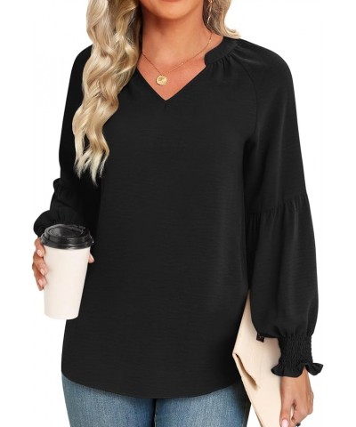 Women's Fall Winter Casual Tunic Tops Smocked Long Sleeve V Neck Blouses Fashion Loose Fit Shirts T-Shirts Black $13.19 Tops