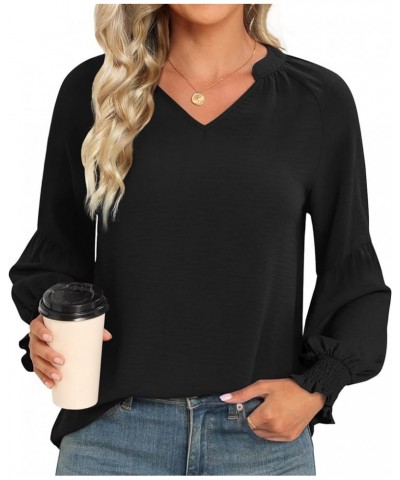 Women's Fall Winter Casual Tunic Tops Smocked Long Sleeve V Neck Blouses Fashion Loose Fit Shirts T-Shirts Black $13.19 Tops