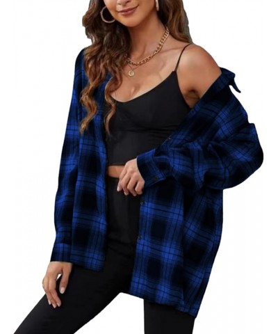 Plaid Flannel Shirts for Women Oversized Long Sleeve Button Down Buffalo Plaid Shirt Blouse Tops Black Blue $11.00 Blouses