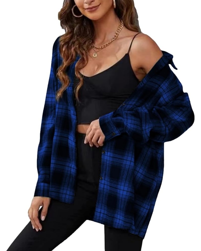 Plaid Flannel Shirts for Women Oversized Long Sleeve Button Down Buffalo Plaid Shirt Blouse Tops Black Blue $11.00 Blouses