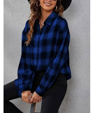 Plaid Flannel Shirts for Women Oversized Long Sleeve Button Down Buffalo Plaid Shirt Blouse Tops Black Blue $11.00 Blouses