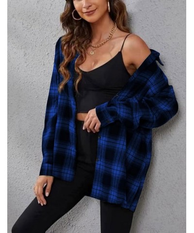 Plaid Flannel Shirts for Women Oversized Long Sleeve Button Down Buffalo Plaid Shirt Blouse Tops Black Blue $11.00 Blouses