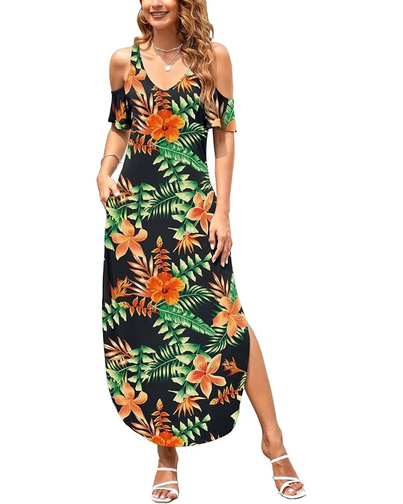 Women's Summer Maxi Dresses V Neck Cold Shoulder Short Sleeve Casual Loose Long Split Dress with Pocket Flower02 $20.64 Dresses