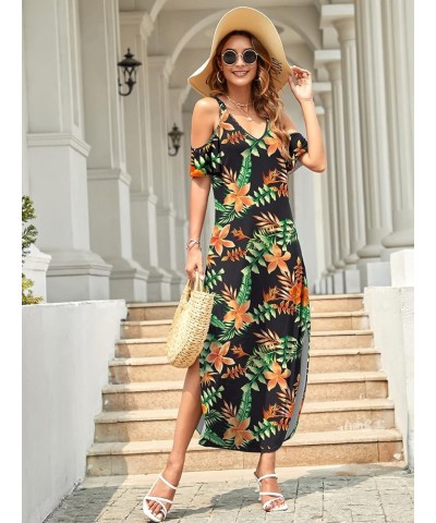 Women's Summer Maxi Dresses V Neck Cold Shoulder Short Sleeve Casual Loose Long Split Dress with Pocket Flower02 $20.64 Dresses