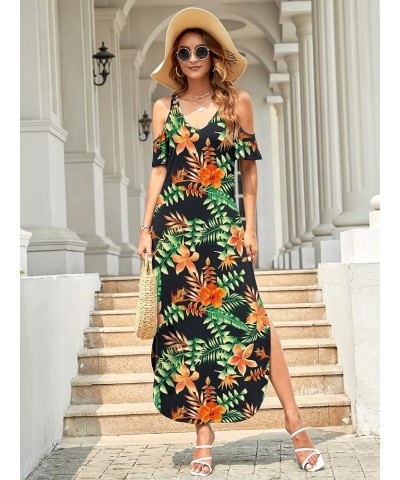 Women's Summer Maxi Dresses V Neck Cold Shoulder Short Sleeve Casual Loose Long Split Dress with Pocket Flower02 $20.64 Dresses