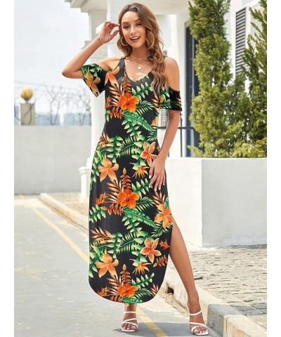 Women's Summer Maxi Dresses V Neck Cold Shoulder Short Sleeve Casual Loose Long Split Dress with Pocket Flower02 $20.64 Dresses