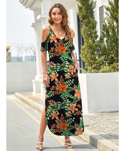 Women's Summer Maxi Dresses V Neck Cold Shoulder Short Sleeve Casual Loose Long Split Dress with Pocket Flower02 $20.64 Dresses