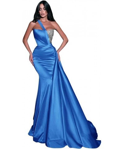 Women's One Shoulder Sequin Mermaid Prom Dresses Satin Ruched Ball Gowns Long Formal Evening Party Dress Blue $38.99 Dresses