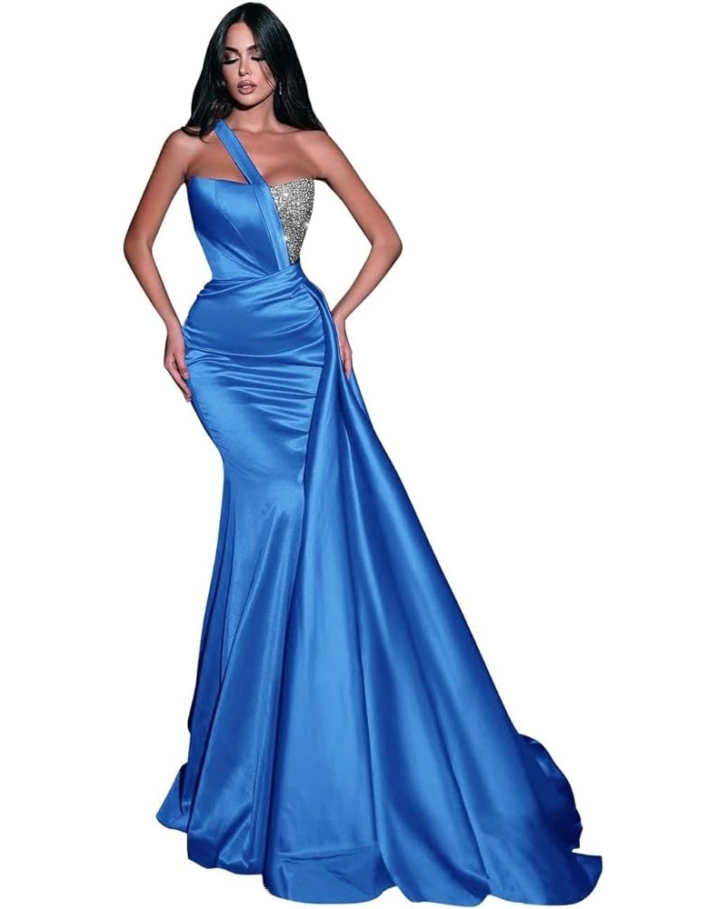 Women's One Shoulder Sequin Mermaid Prom Dresses Satin Ruched Ball Gowns Long Formal Evening Party Dress Blue $38.99 Dresses