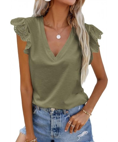 Women's Ruffle Cap Sleeve V Neck Top Blouse Casual Solid Shirts Pure Army Green $13.44 Blouses