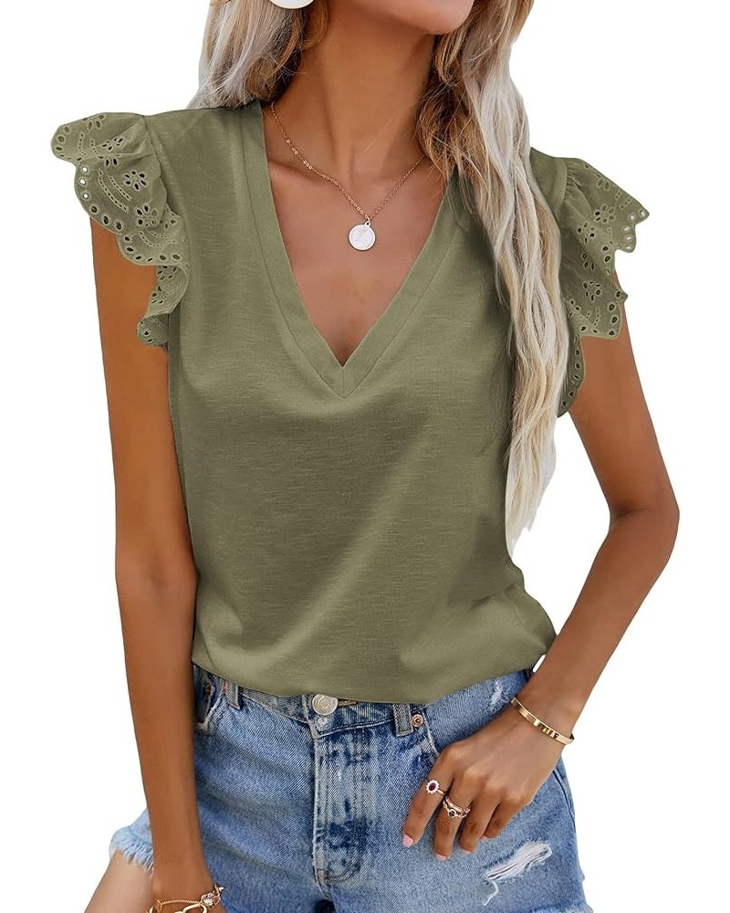 Women's Ruffle Cap Sleeve V Neck Top Blouse Casual Solid Shirts Pure Army Green $13.44 Blouses