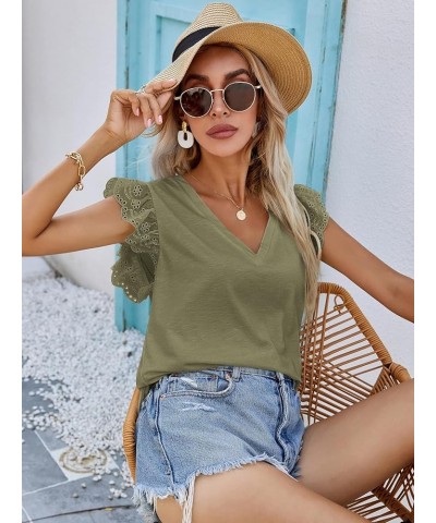 Women's Ruffle Cap Sleeve V Neck Top Blouse Casual Solid Shirts Pure Army Green $13.44 Blouses