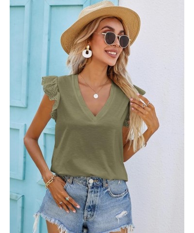 Women's Ruffle Cap Sleeve V Neck Top Blouse Casual Solid Shirts Pure Army Green $13.44 Blouses