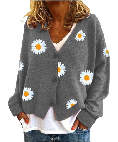 Women Warm Sweater Top Coats Cardigans Daisy Printing Long Sleeve Sweatshirt V-Neck Cropped Elegant Versatile Grey $20.63 Act...