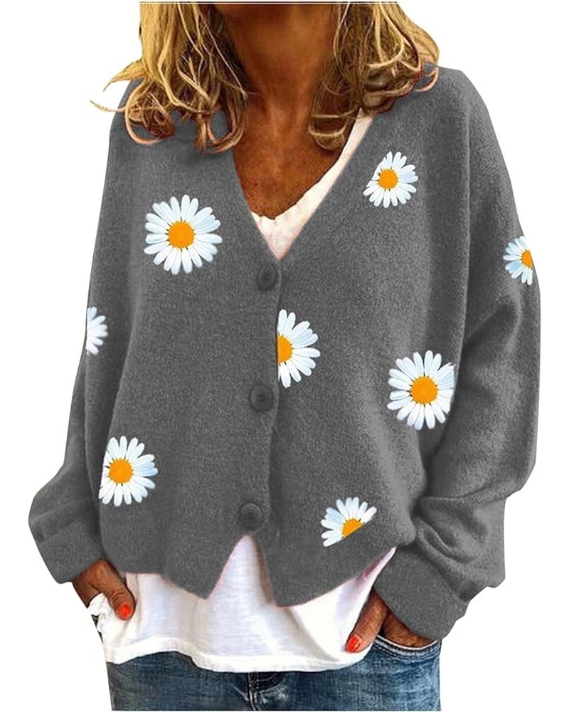 Women Warm Sweater Top Coats Cardigans Daisy Printing Long Sleeve Sweatshirt V-Neck Cropped Elegant Versatile Grey $20.63 Act...