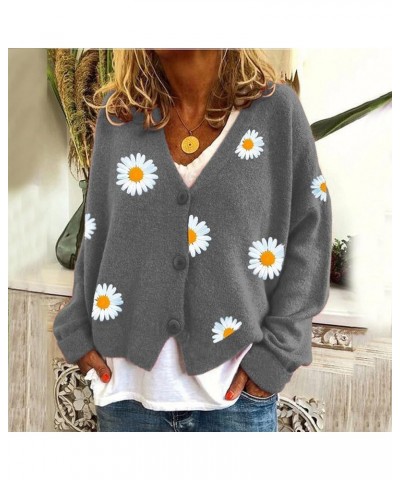 Women Warm Sweater Top Coats Cardigans Daisy Printing Long Sleeve Sweatshirt V-Neck Cropped Elegant Versatile Grey $20.63 Act...