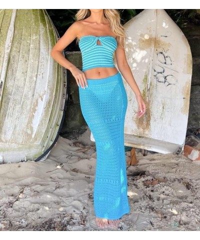 Women Going Out Maxi Skirt Set Strapless Lace Tube Top Bodycon Long Skirts Suit Y2k 2 Piece Outfits Twist Tube Skirt Blue $11...