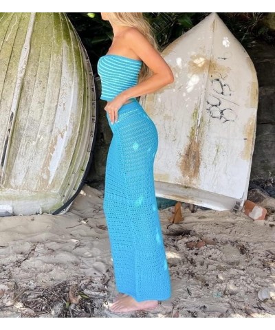 Women Going Out Maxi Skirt Set Strapless Lace Tube Top Bodycon Long Skirts Suit Y2k 2 Piece Outfits Twist Tube Skirt Blue $11...