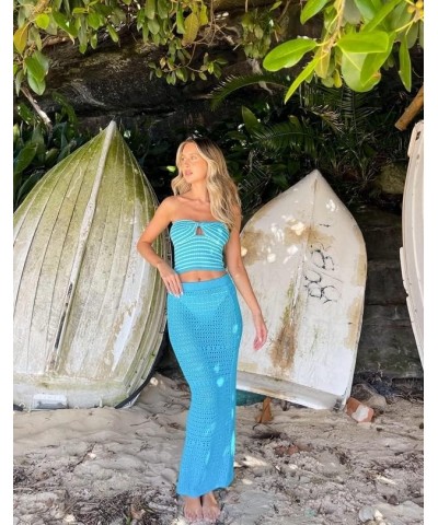 Women Going Out Maxi Skirt Set Strapless Lace Tube Top Bodycon Long Skirts Suit Y2k 2 Piece Outfits Twist Tube Skirt Blue $11...