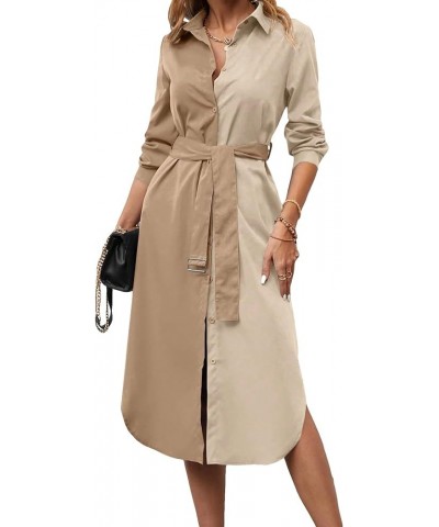 Business Casual Shirt Dress for Women Belted Button Up Long Sleeve Collar Curved Hem Midi Shirt Dress Khaki and Beige $17.66 ...