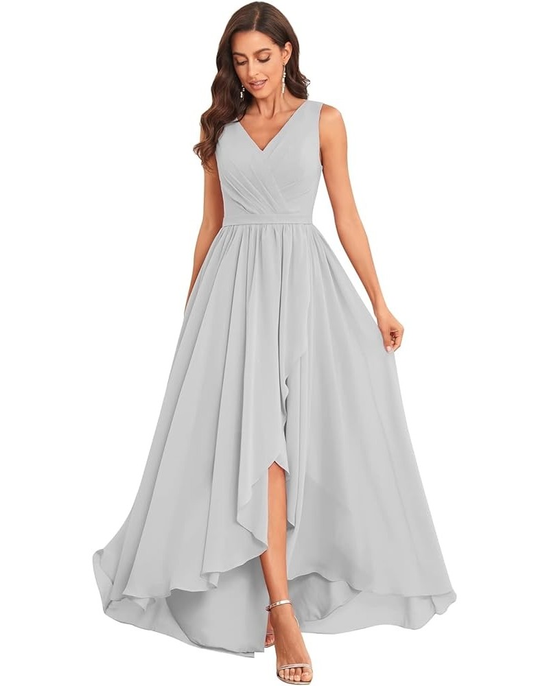 V Neck Bridesmaid Dresses Long for Women with Pockets A Line Chiffon Formal Evening Gowns Silver $25.85 Dresses