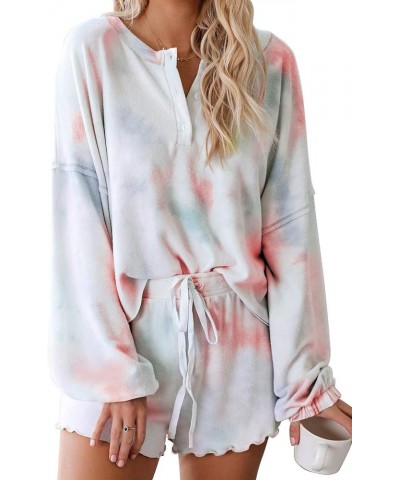 Women's Pajamas Lounge Sets Tie-Dye Long-Sleeve Tops and Ruffle Shorts PJ Set Comfy Loungewear Sleepwear B Orange $20.21 Slee...