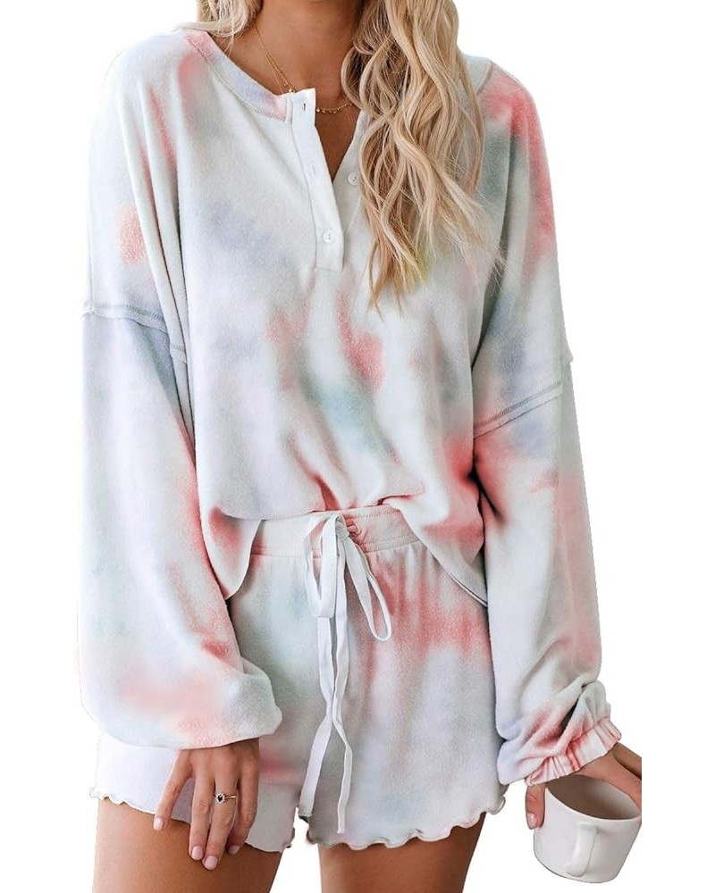 Women's Pajamas Lounge Sets Tie-Dye Long-Sleeve Tops and Ruffle Shorts PJ Set Comfy Loungewear Sleepwear B Orange $20.21 Slee...