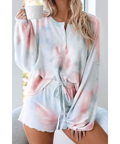 Women's Pajamas Lounge Sets Tie-Dye Long-Sleeve Tops and Ruffle Shorts PJ Set Comfy Loungewear Sleepwear B Orange $20.21 Slee...