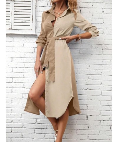 Business Casual Shirt Dress for Women Belted Button Up Long Sleeve Collar Curved Hem Midi Shirt Dress Khaki and Beige $17.66 ...