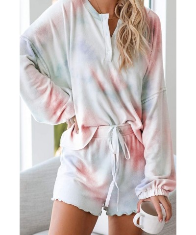 Women's Pajamas Lounge Sets Tie-Dye Long-Sleeve Tops and Ruffle Shorts PJ Set Comfy Loungewear Sleepwear B Orange $20.21 Slee...