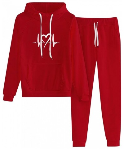 Womens Sweatsuits 2 Piece Set Casual Lounge Sets Long Sleeve Drawstring Pullover Hoodie Jogging Pants Trendy Outfits J-red Ch...