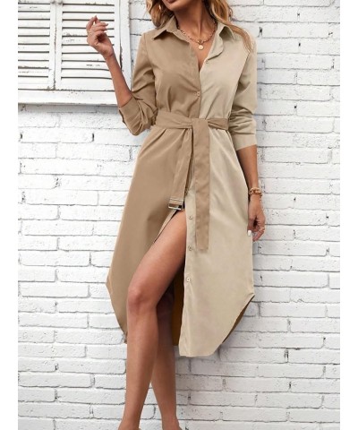 Business Casual Shirt Dress for Women Belted Button Up Long Sleeve Collar Curved Hem Midi Shirt Dress Khaki and Beige $17.66 ...