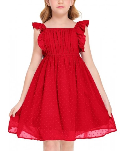 Girls Ruffle Sleeve Swiss Dot Dress Stretchy A-Line Flutter Sleeve Casual Dress for 5-12 Years Kids Short Sleeve Red $17.50 D...