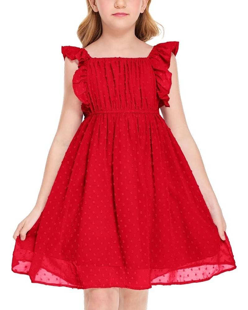 Girls Ruffle Sleeve Swiss Dot Dress Stretchy A-Line Flutter Sleeve Casual Dress for 5-12 Years Kids Short Sleeve Red $17.50 D...