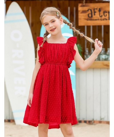 Girls Ruffle Sleeve Swiss Dot Dress Stretchy A-Line Flutter Sleeve Casual Dress for 5-12 Years Kids Short Sleeve Red $17.50 D...