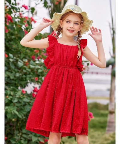 Girls Ruffle Sleeve Swiss Dot Dress Stretchy A-Line Flutter Sleeve Casual Dress for 5-12 Years Kids Short Sleeve Red $17.50 D...