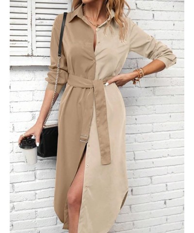 Business Casual Shirt Dress for Women Belted Button Up Long Sleeve Collar Curved Hem Midi Shirt Dress Khaki and Beige $17.66 ...