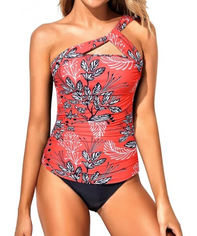 Two Piece Tankini Swimsuits for Women One Shoulder Bathing Suits Swim Top with Bottom Red Leaf $21.83 Swimsuits