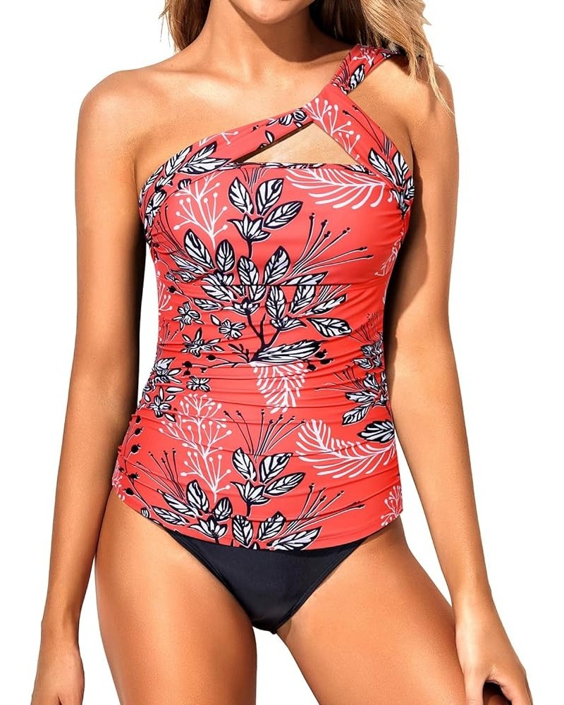 Two Piece Tankini Swimsuits for Women One Shoulder Bathing Suits Swim Top with Bottom Red Leaf $21.83 Swimsuits