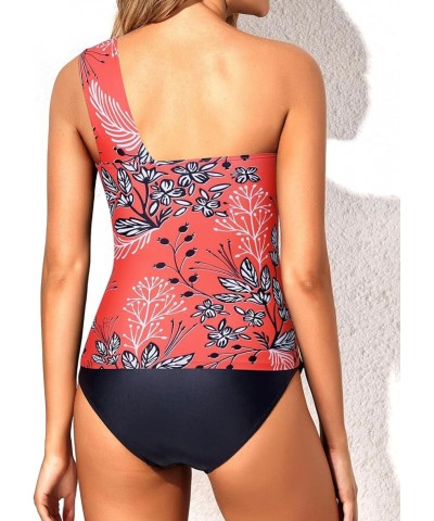 Two Piece Tankini Swimsuits for Women One Shoulder Bathing Suits Swim Top with Bottom Red Leaf $21.83 Swimsuits