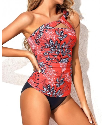 Two Piece Tankini Swimsuits for Women One Shoulder Bathing Suits Swim Top with Bottom Red Leaf $21.83 Swimsuits