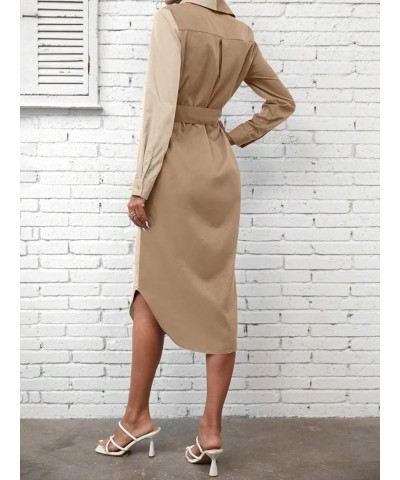 Business Casual Shirt Dress for Women Belted Button Up Long Sleeve Collar Curved Hem Midi Shirt Dress Khaki and Beige $17.66 ...