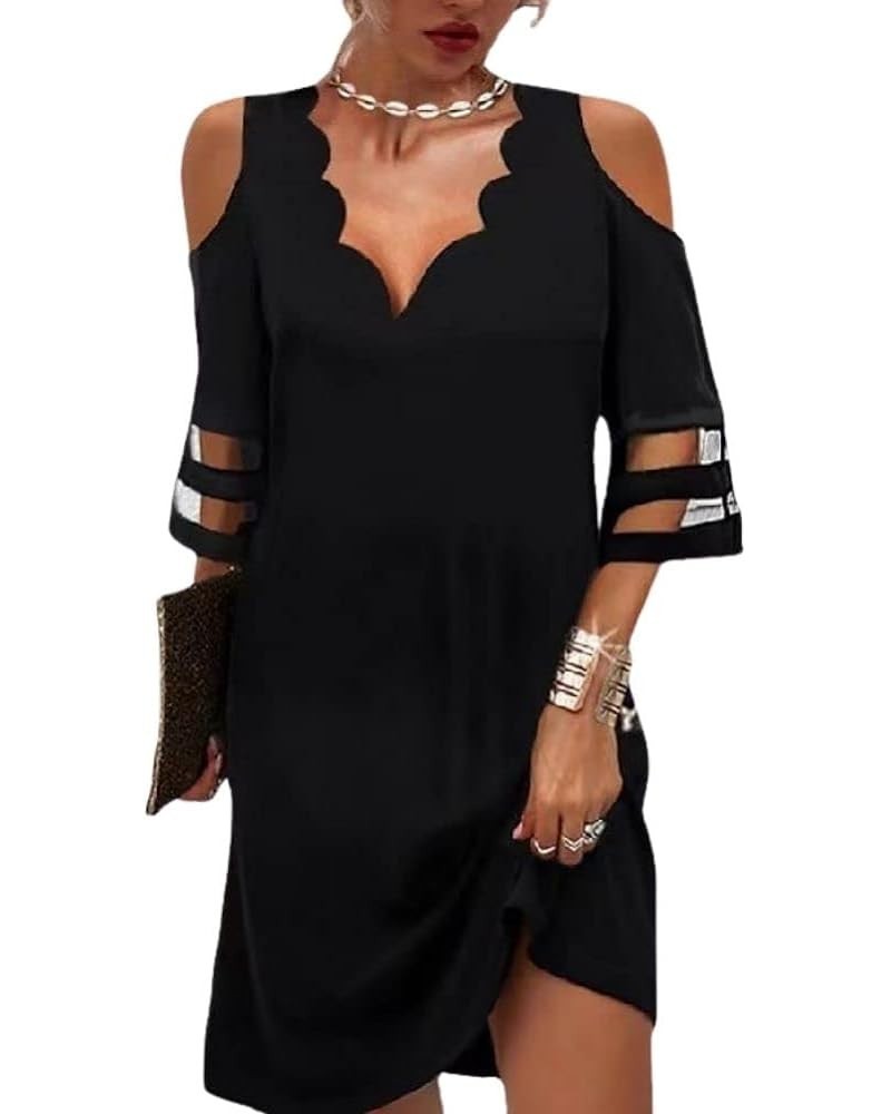 Cold Shoulder Work Dresses for Women 2023 Summer Elegant Floral V Neck 3/4 Sleeve Loose Office Formal Dress I-black $11.43 Dr...