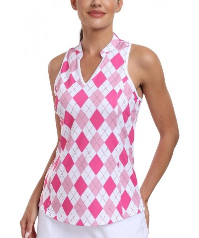 Women Racerback Sleeveless Golf Polo Shirts V-Neck Collarless Tennis Running Tank Tops Quick Dry Athletic Casual Pink Plaid $...