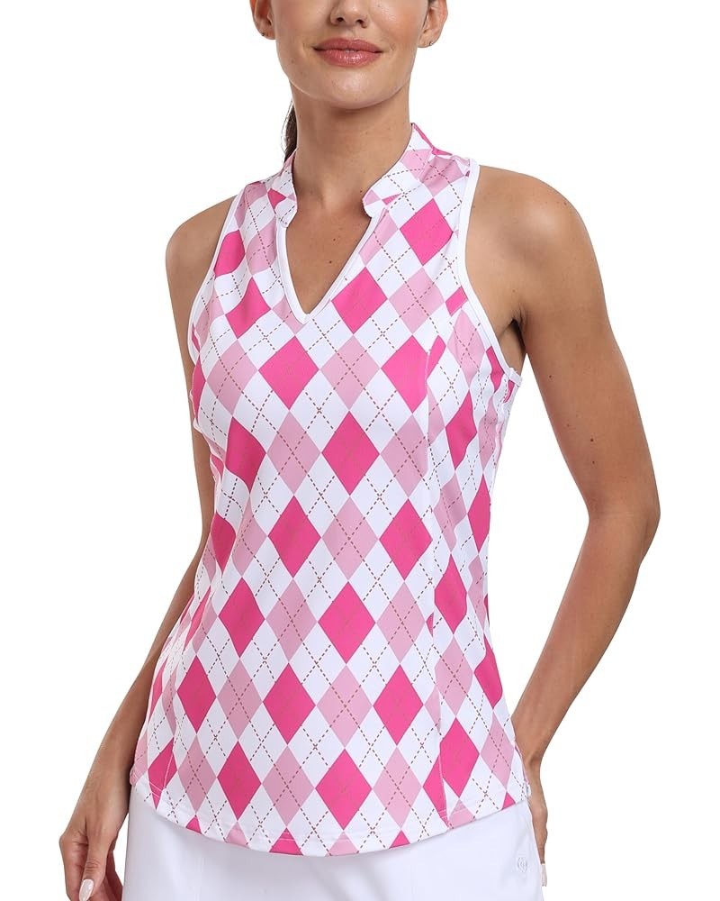 Women Racerback Sleeveless Golf Polo Shirts V-Neck Collarless Tennis Running Tank Tops Quick Dry Athletic Casual Pink Plaid $...